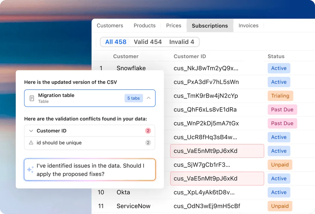 Rocketlane Nitro migration agent checking subscription data and flagging conflicts