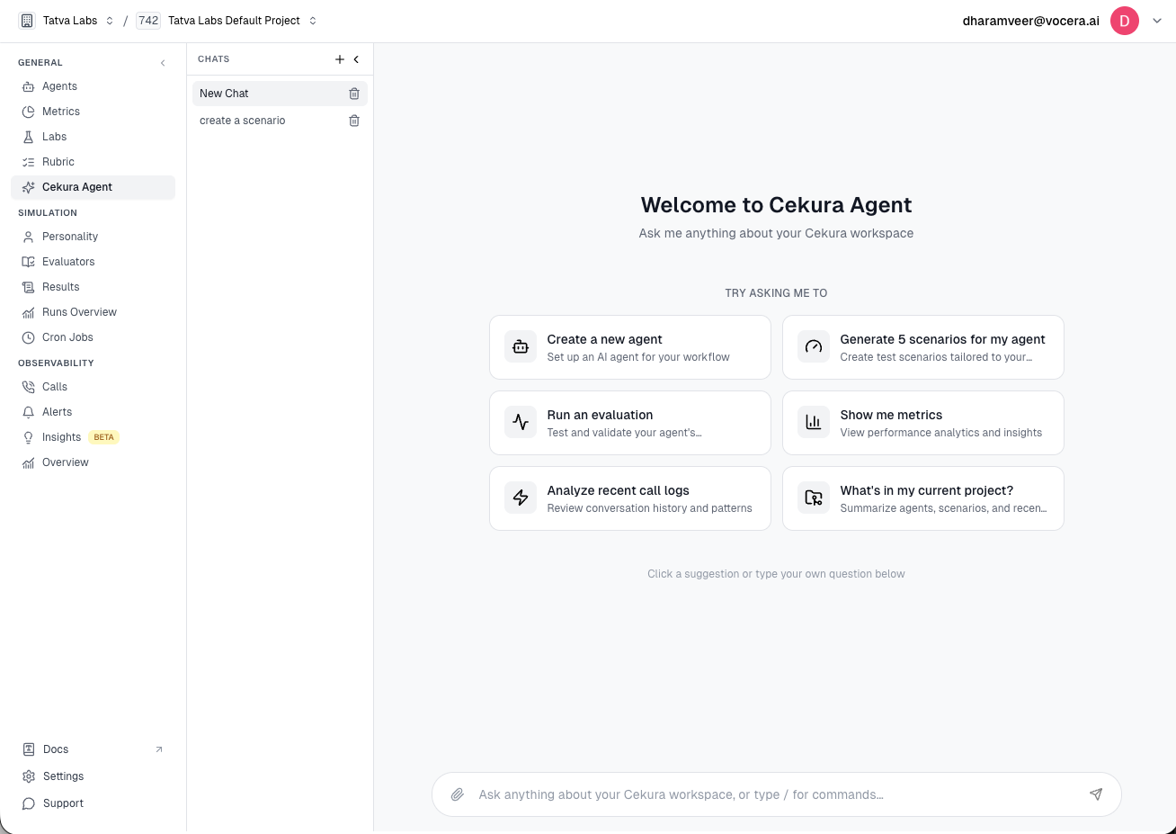 Cekura product interface showing Agent, Simulation, and Observability modules
