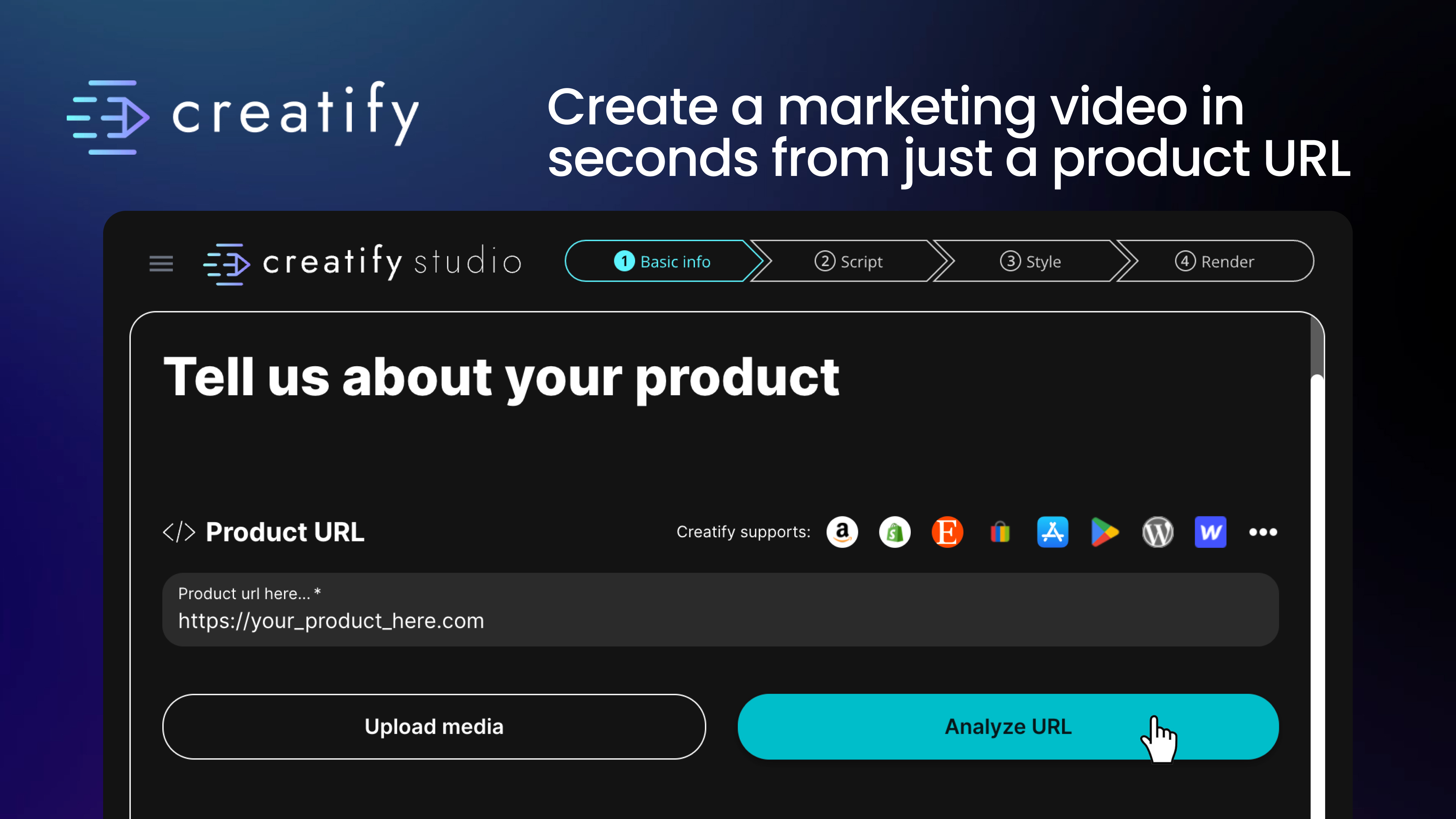 Creatify product screenshot showing a URL-to-ad workflow