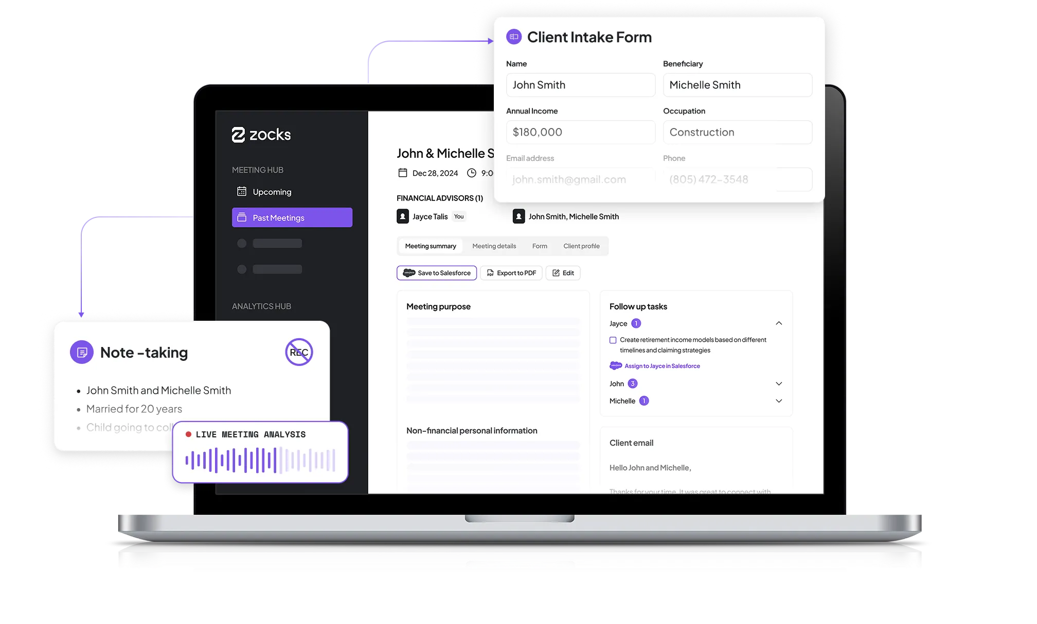 Zocks official product interface showing meeting notes, client forms, Salesforce sync, and follow-up tasks