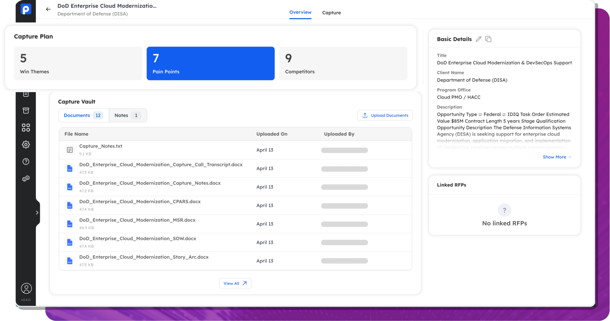 pWin.ai product interface showing capture plan, capture vault, and opportunity details