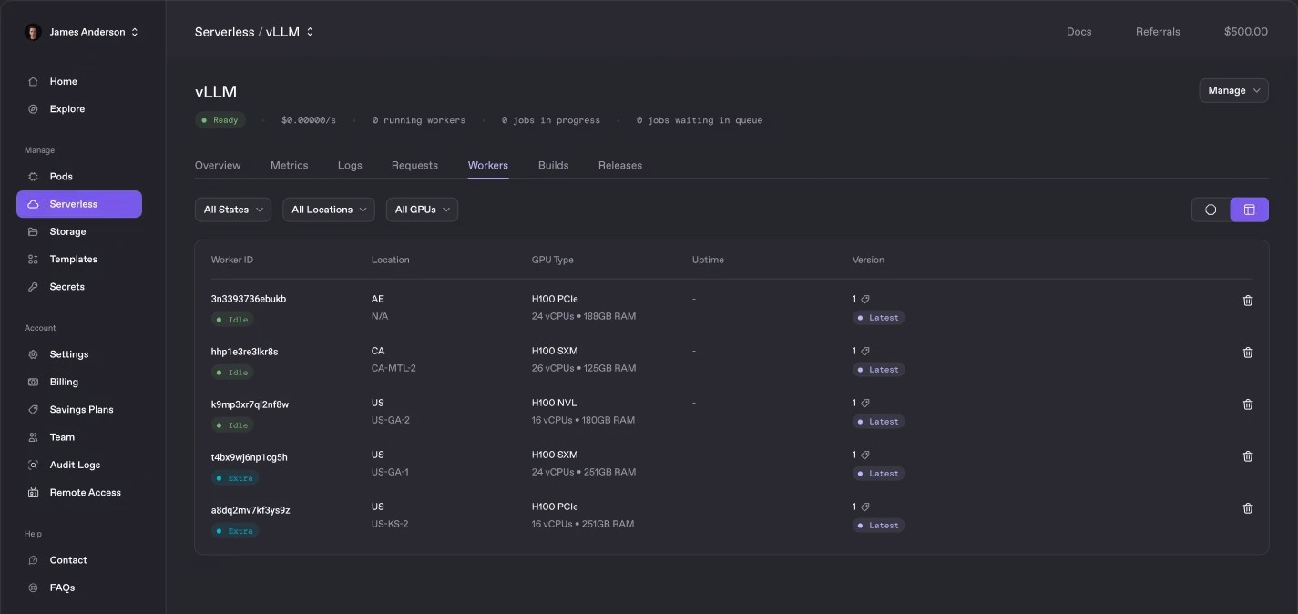 Runpod Serverless endpoint GPU configuration and deployment interface
