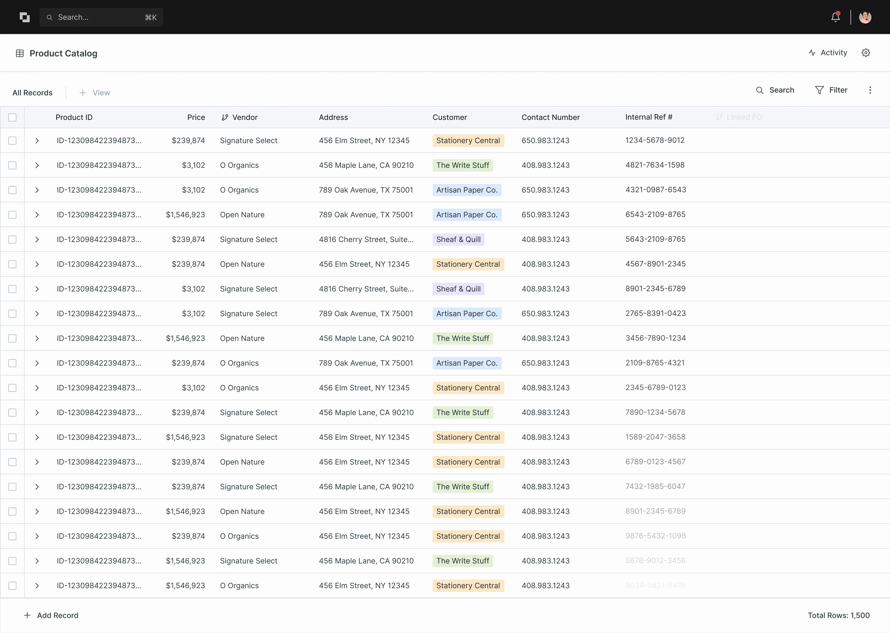 DOSS product catalog interface from official demo