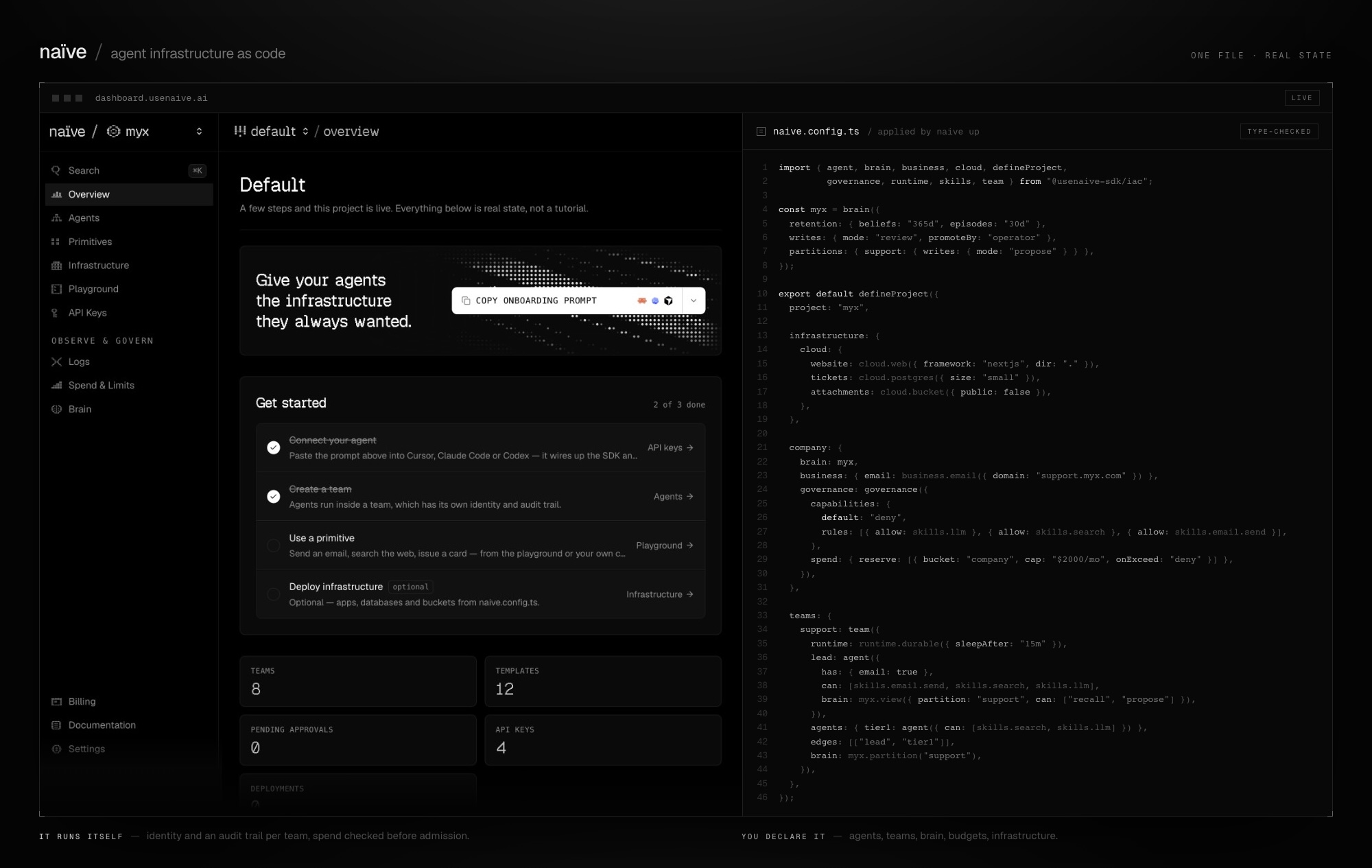 Naïve agent infrastructure dashboard and configuration file