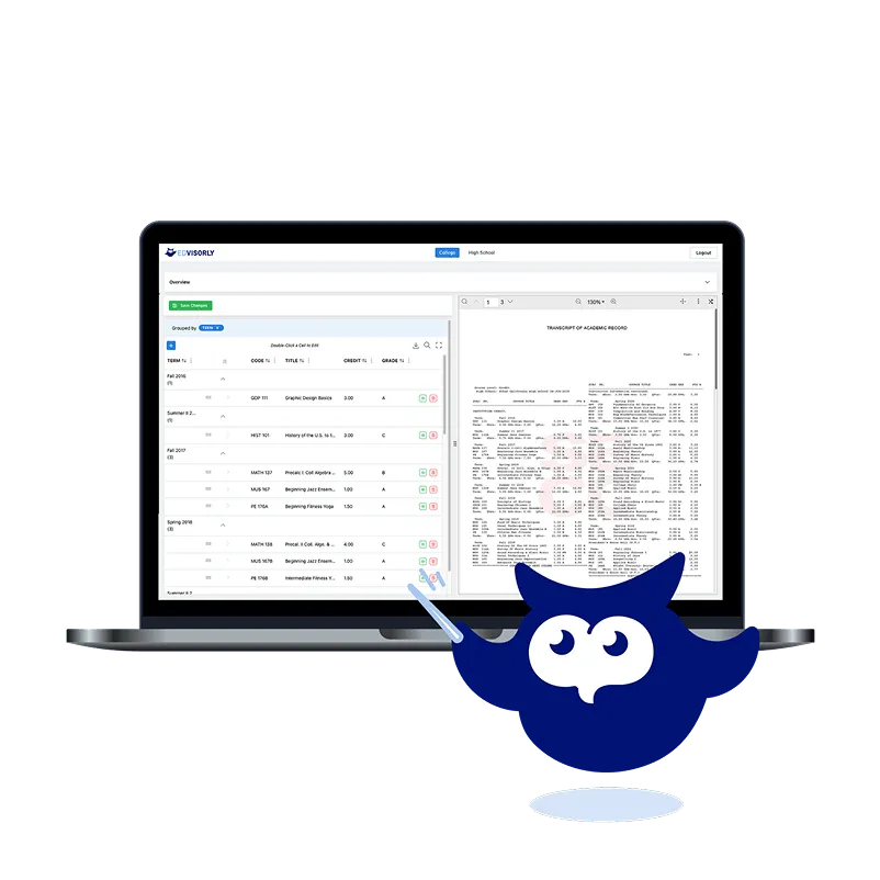 EdVisorly’s website shows EddyAI processing transcripts and admissions data
