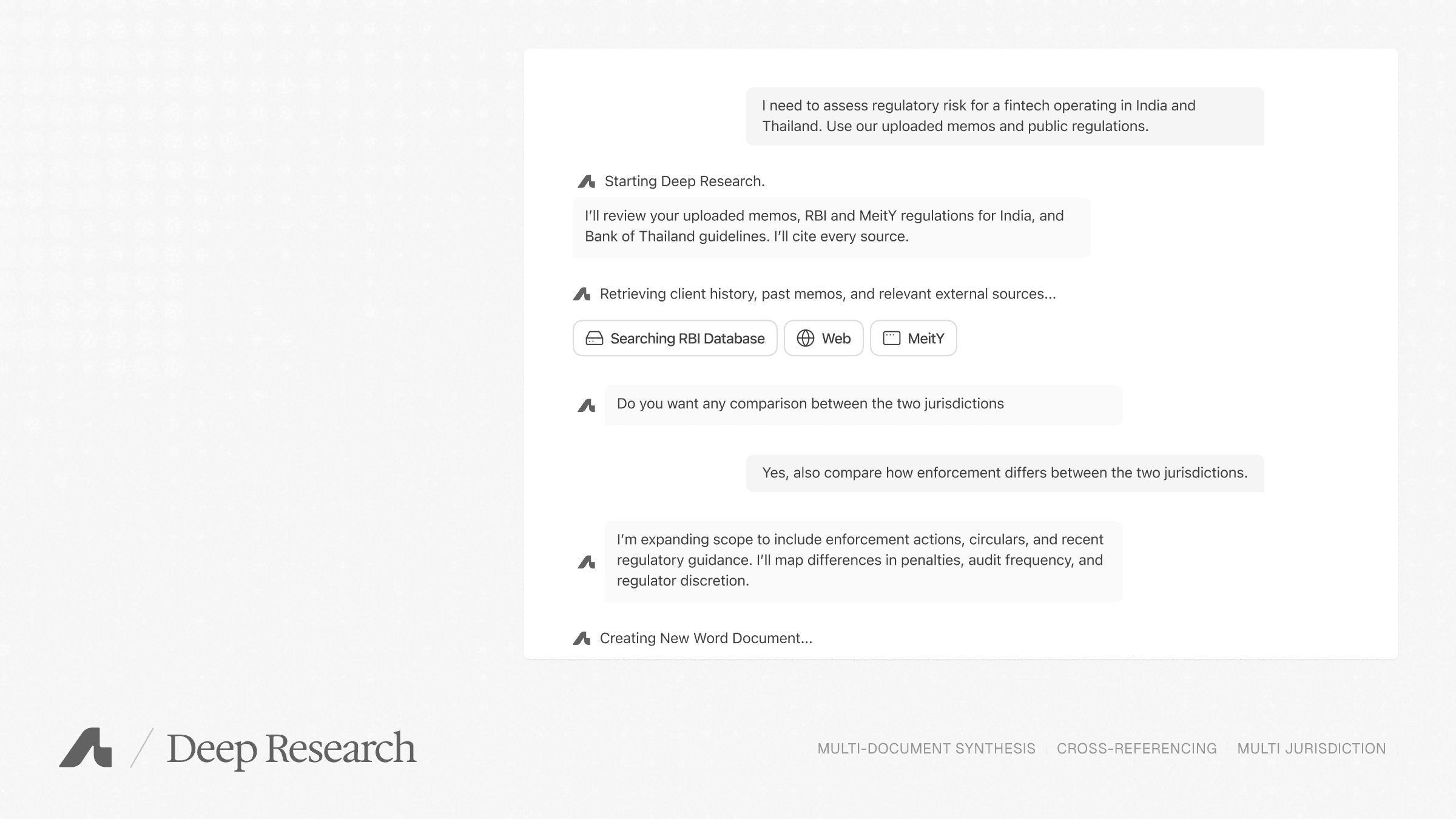August’s website shows Deep Research searching uploaded memos and public legal material, cross-referencing sources, and generating a Word document
