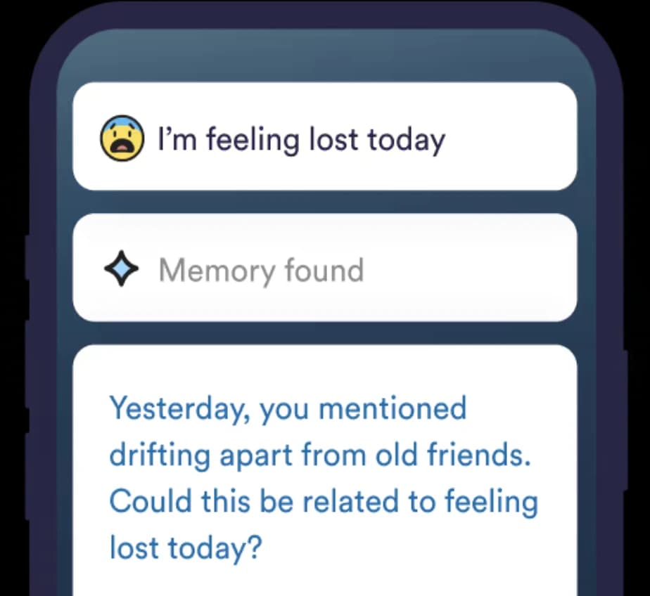 Rosebud product screen showing long-term memory bringing an older journal entry back into a new reflection
