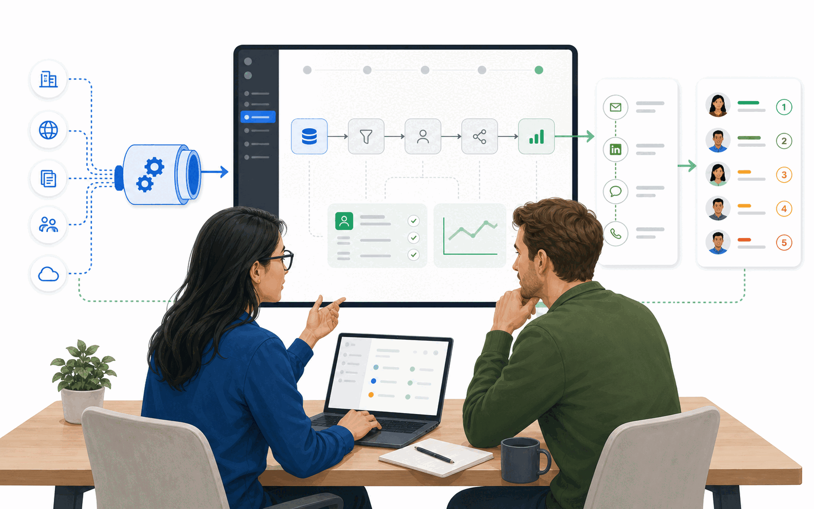 Workflow illustration showing data access and GTM execution landing together