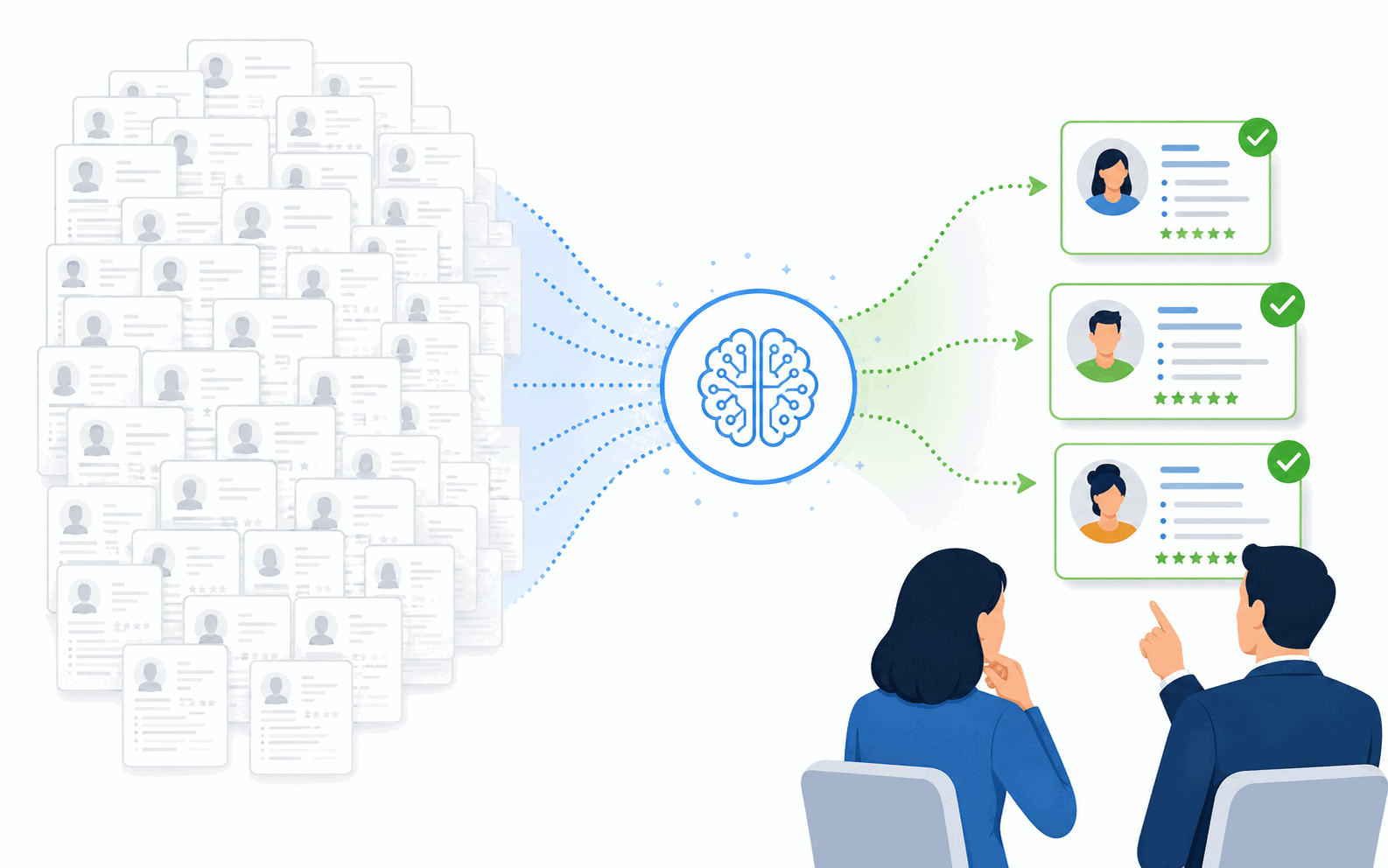 Workflow illustration showing noisy candidate information narrowing into a prioritized shortlist