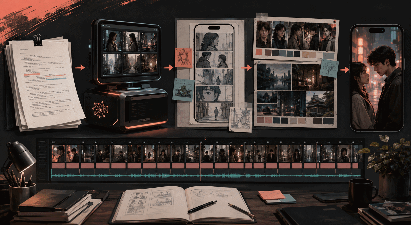 Illustration of novels, scripts, shots, and vertical episodes moving through AI-assisted production
