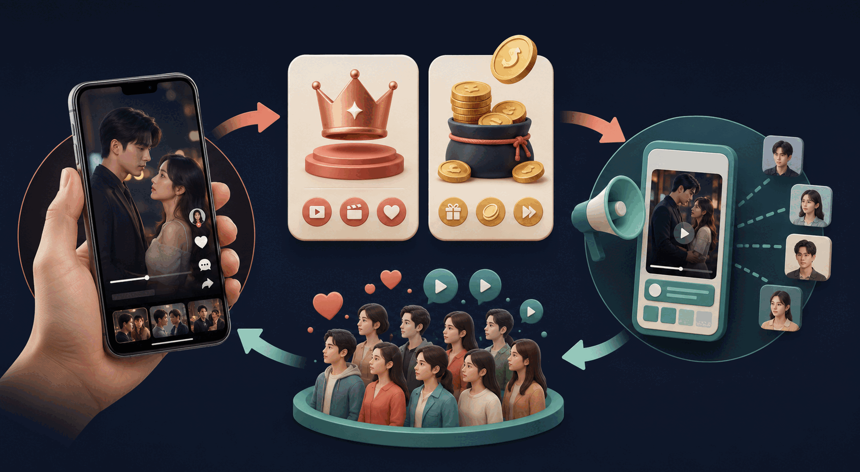 Illustration of mobile viewing, payment, acquisition, and new-content feedback loops