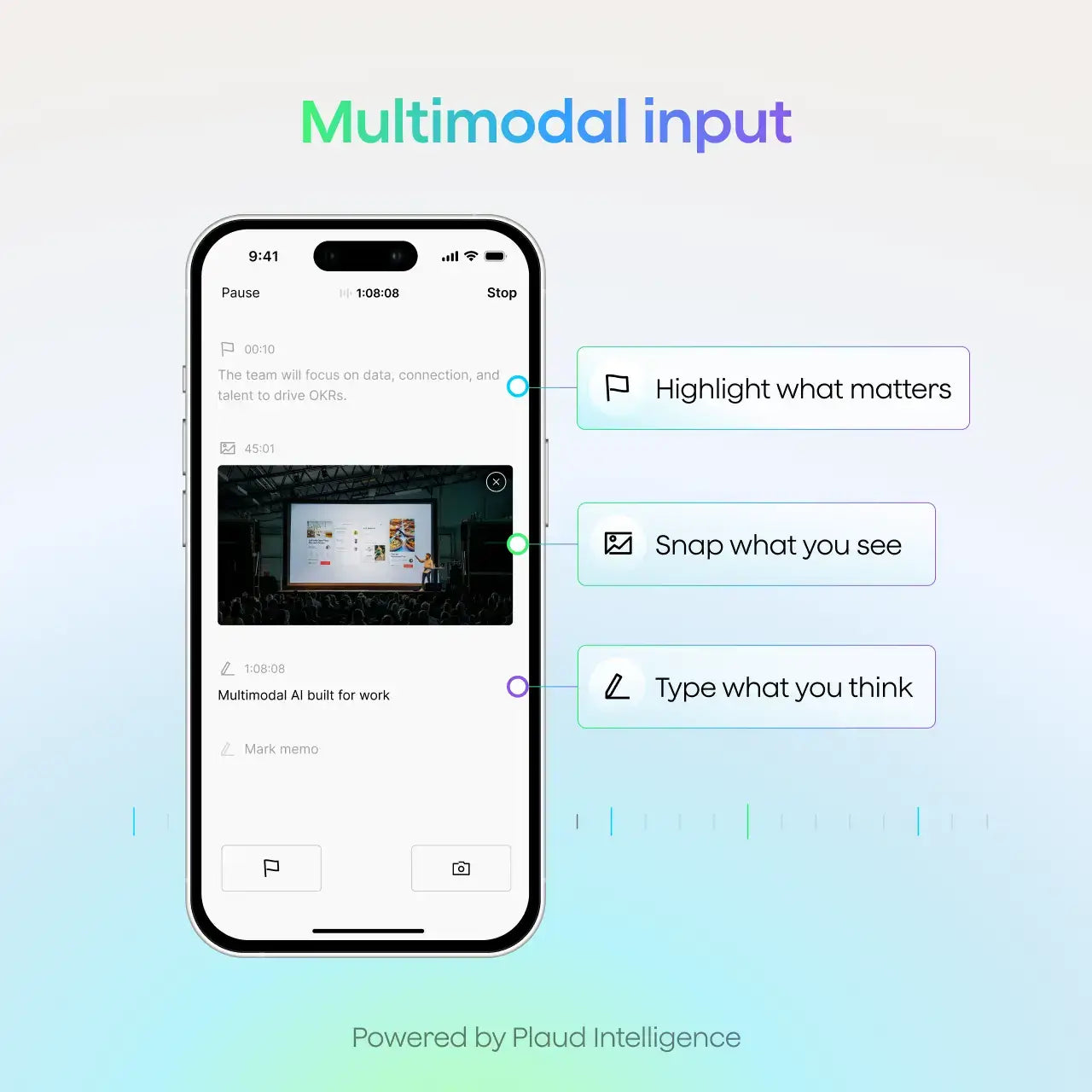 PLAUD combines highlights, photos, and text notes with the recording timeline