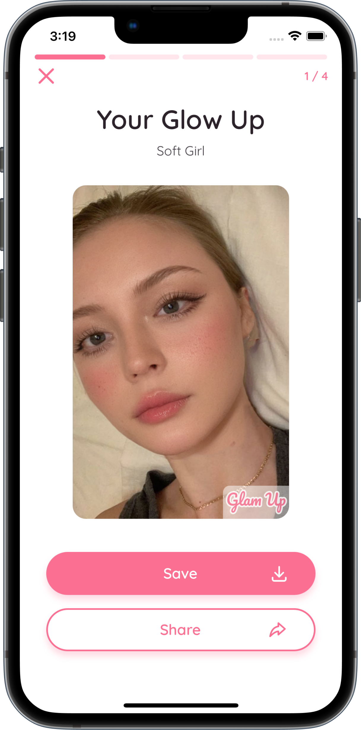 Glam Up website demo showing selfie input and makeup preview