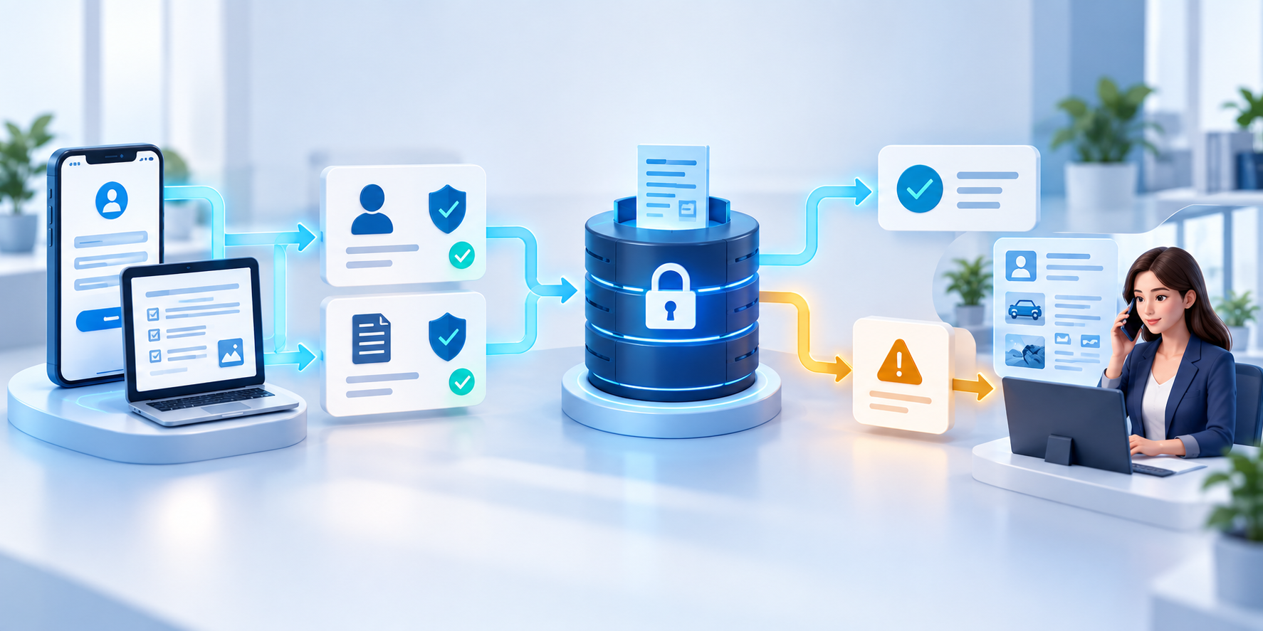 Policyholders report losses by phone or digital form while the system validates policy data and escalates exceptions with context