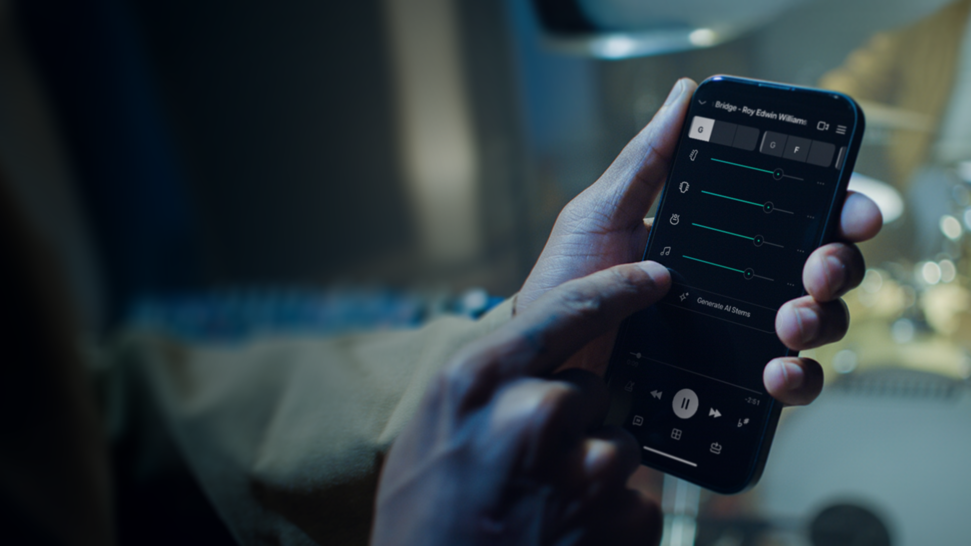 Moises showing stem controls on a phone