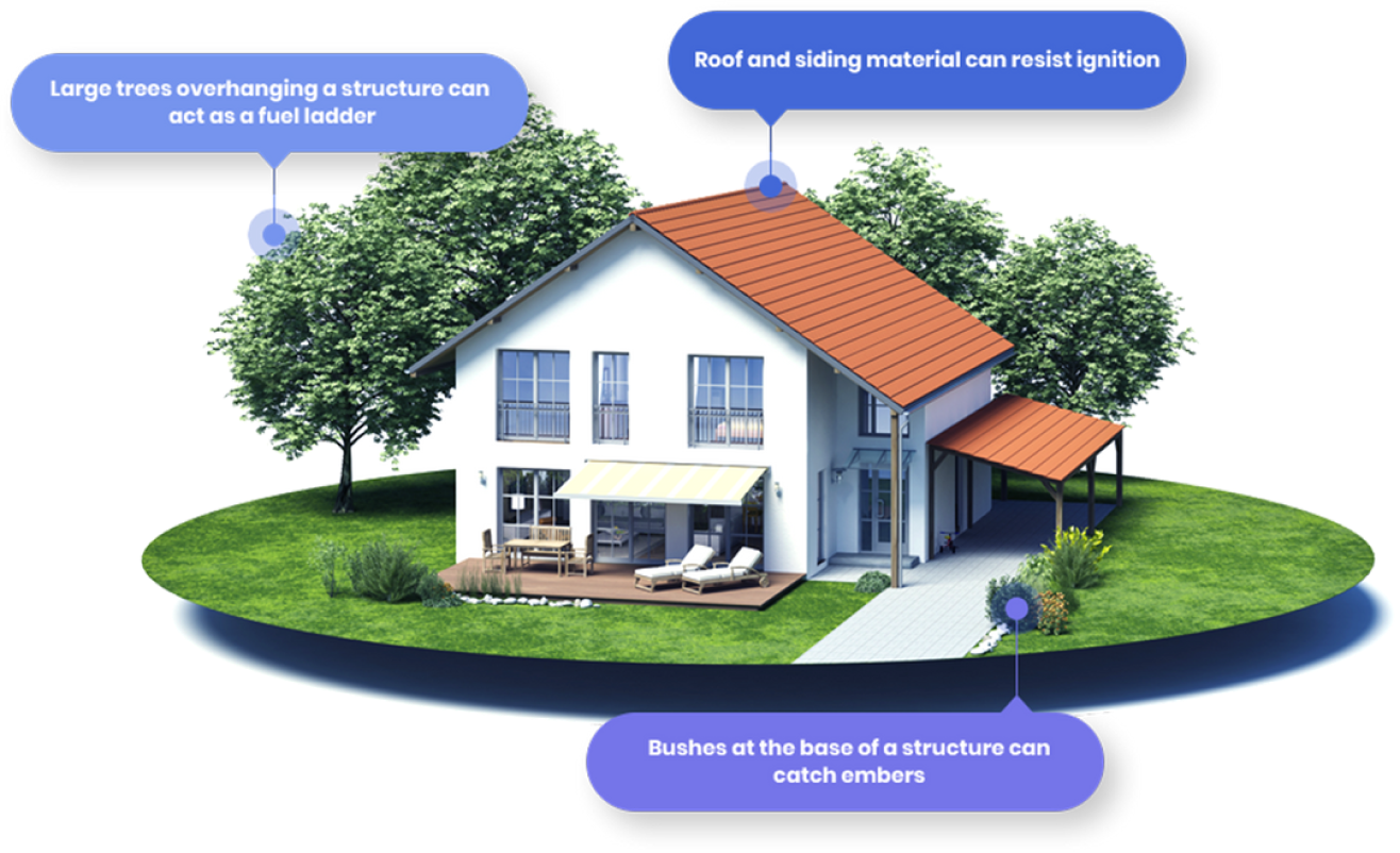 Delos highlights property details such as roof materials and the location of trees and shrubs when explaining its risk assessment.
