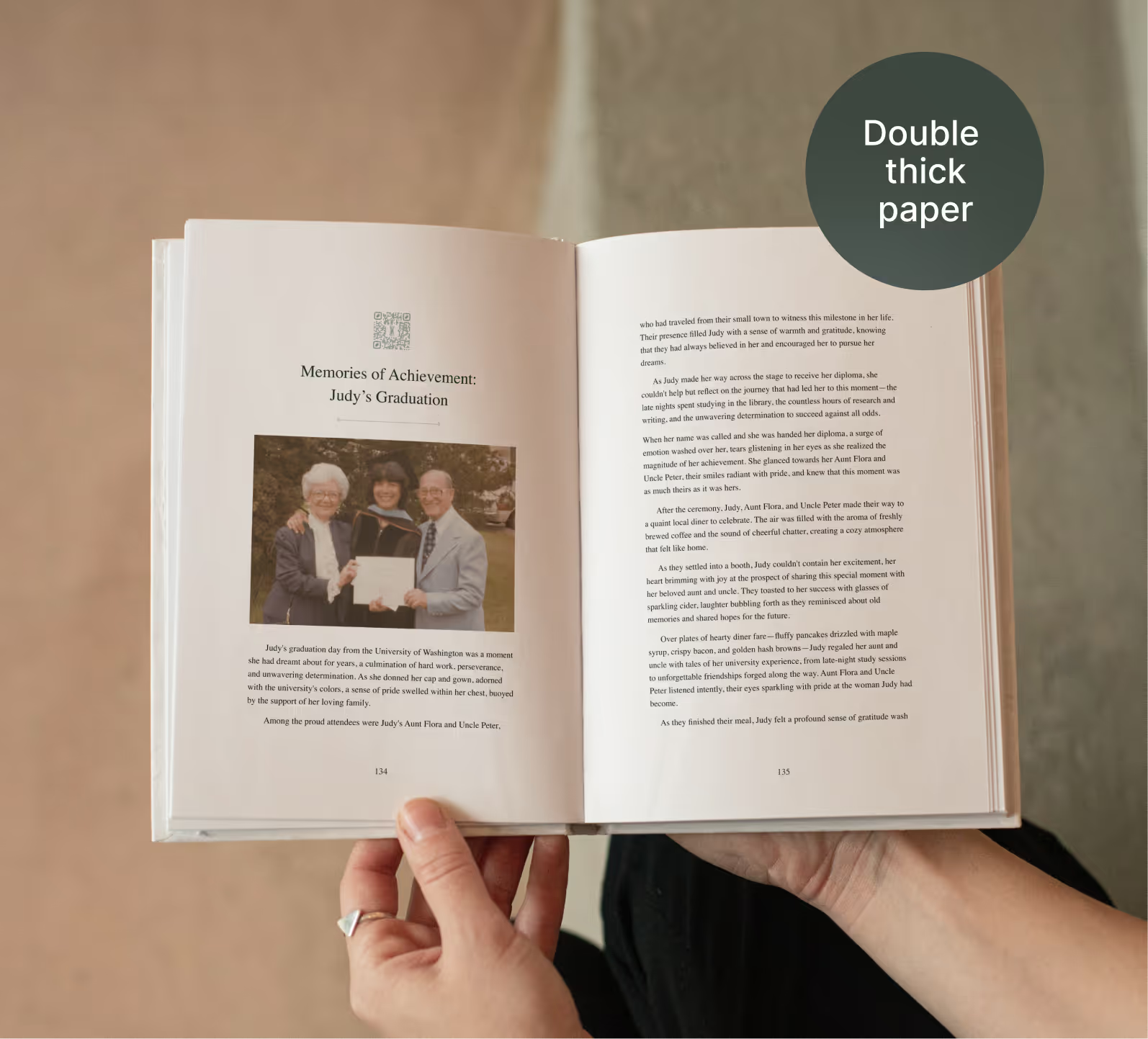 A Remento book spread combines a photograph, an edited story, and a QR code linked to the original recording.