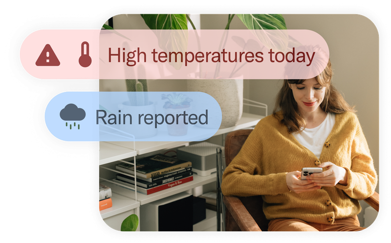 Planta adjusts care reminders based on weather, shown in an official product illustration