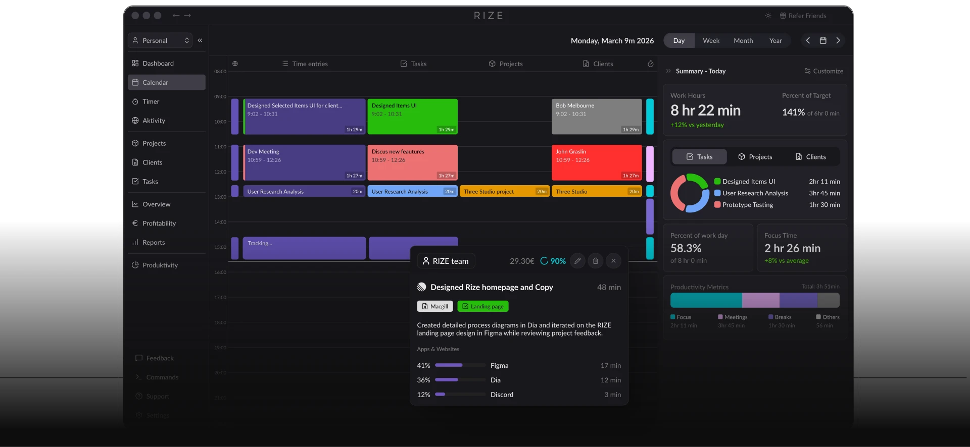 Rize time tracking and project classification interface