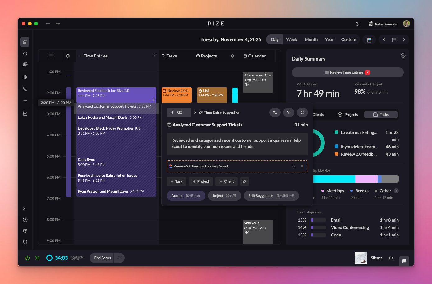 Rize review interface for suggested time entries