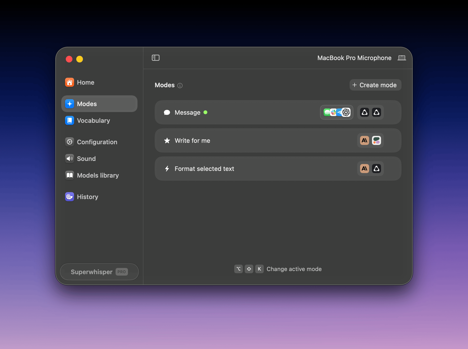 Superwhisper’s official mode interface